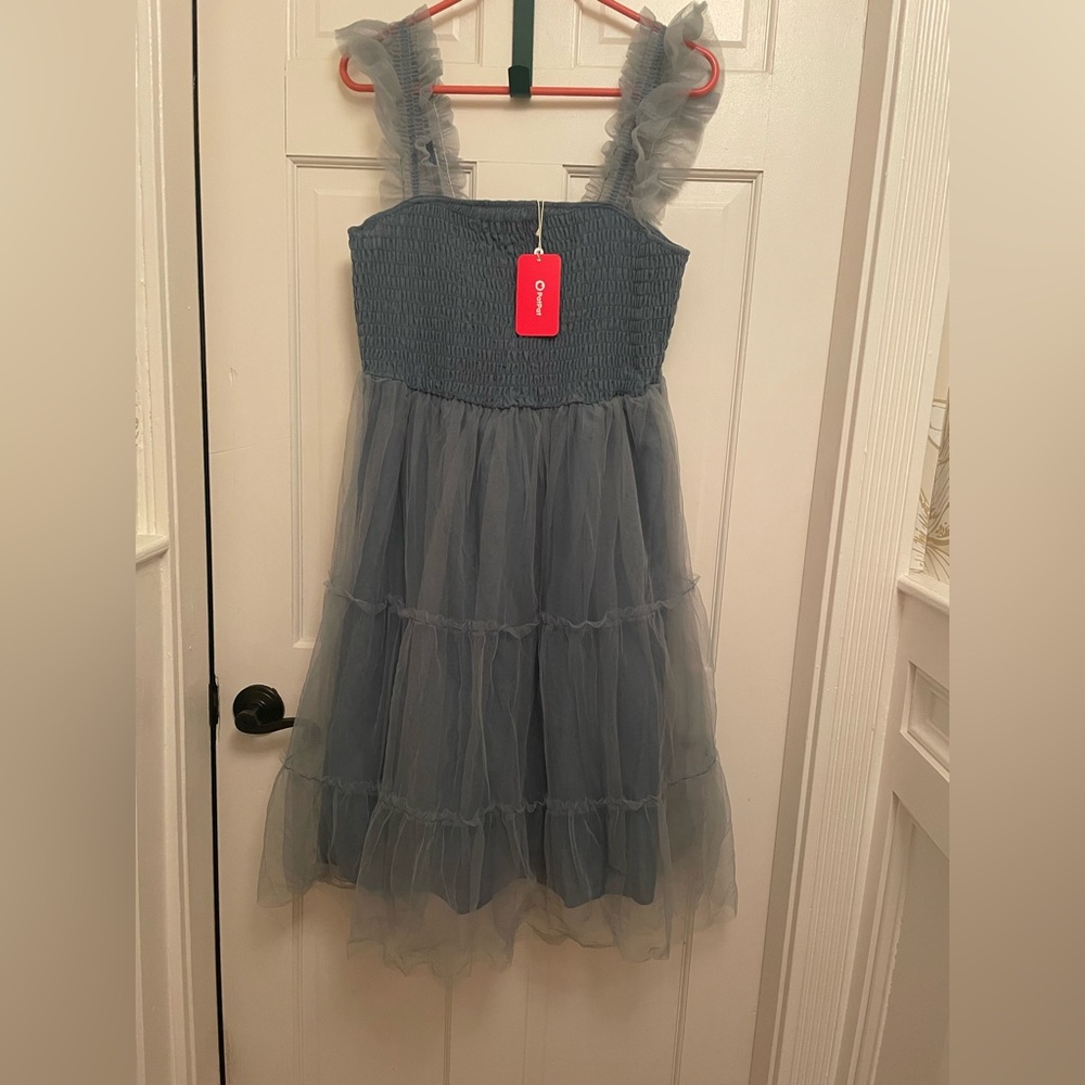 Slate Blue Smocked Mesh Tulle Dress